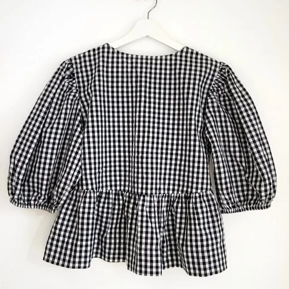Retro Gingham Puff Sleeve Peplum Blouse Black White Size M - Picture 3 of 10